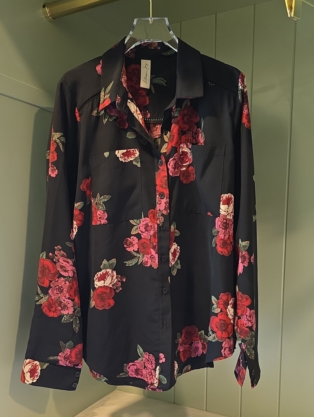 Floral Button-Down Blouse - Black with Pink & Red Roses